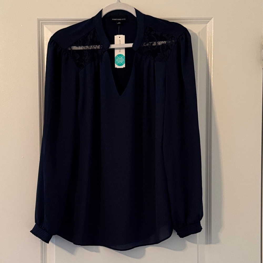 Elegant Navy Blouse with Lace Details